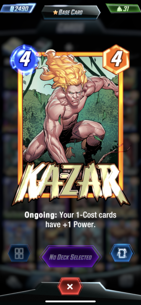 A card in Marvel Snap with the hero Ka-Zar on it.