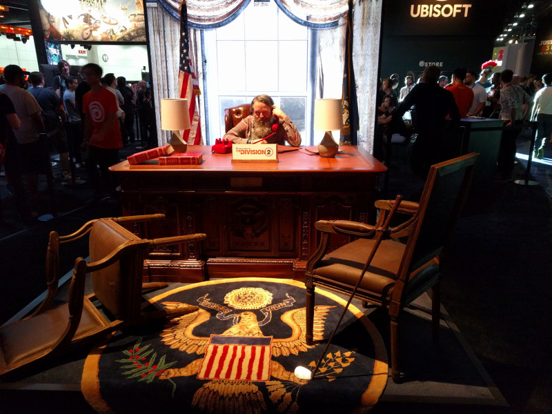 According to Ubisoft, The Division 2 is not a political game – which is why they have a set of the oval office at their booth. Within 30 seconds of sitting down Cork was yelling "Yeh fired!" at everyone who walked past. Talk about power hungry...