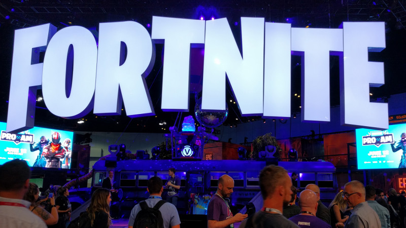 Epic has a huge Fortnite display, complete with the bus players start the match on. Sadly this one doesn't really fly ... or does it?