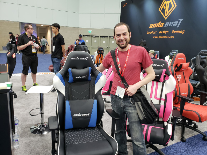 Here I am posing with the most popular Twitch streamer of them all: the blue gaming chair! Talk about an influencer!