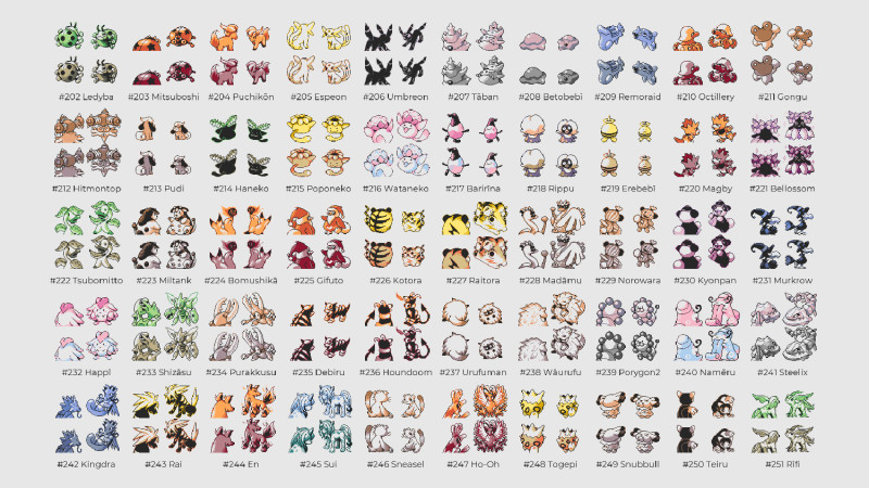 Team Spaceworld's Samuel Messner compiled this collection of the front, back, and shiny sprites for all the Generation II Pokémon in the Space World demo, complete with their English and transliterated Japanese names.
