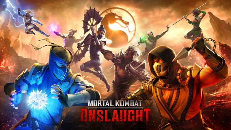 Text reads "Mortal Kombat: Onslaught." Around it, Scorpion, Sub-Zero, and other Mortal Kombat characters face off.