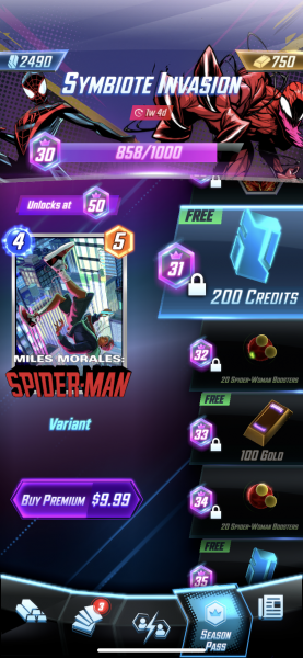 O Passe de Temporada do Marvel Snap Symbiote.  Algumas recompensas estão bloqueadas, mas outras são rotuladas como "gratuitamente."