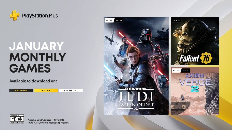 Images from three upcoming PlayStation Plus games: Star Wars Jedi: Fallen Order, Fallout 76, and Axiom Verge.  PS4 versions of all three games are available.  Fallen Order and Axiom Verge 2 also have a PS5 version.